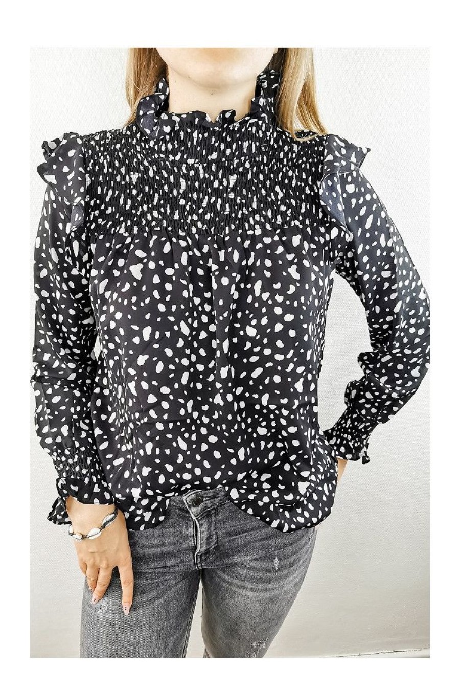 Femme Jeunes et Jolies Chemisiers & Tuniques | Blouse Col Fronce Milan Noir