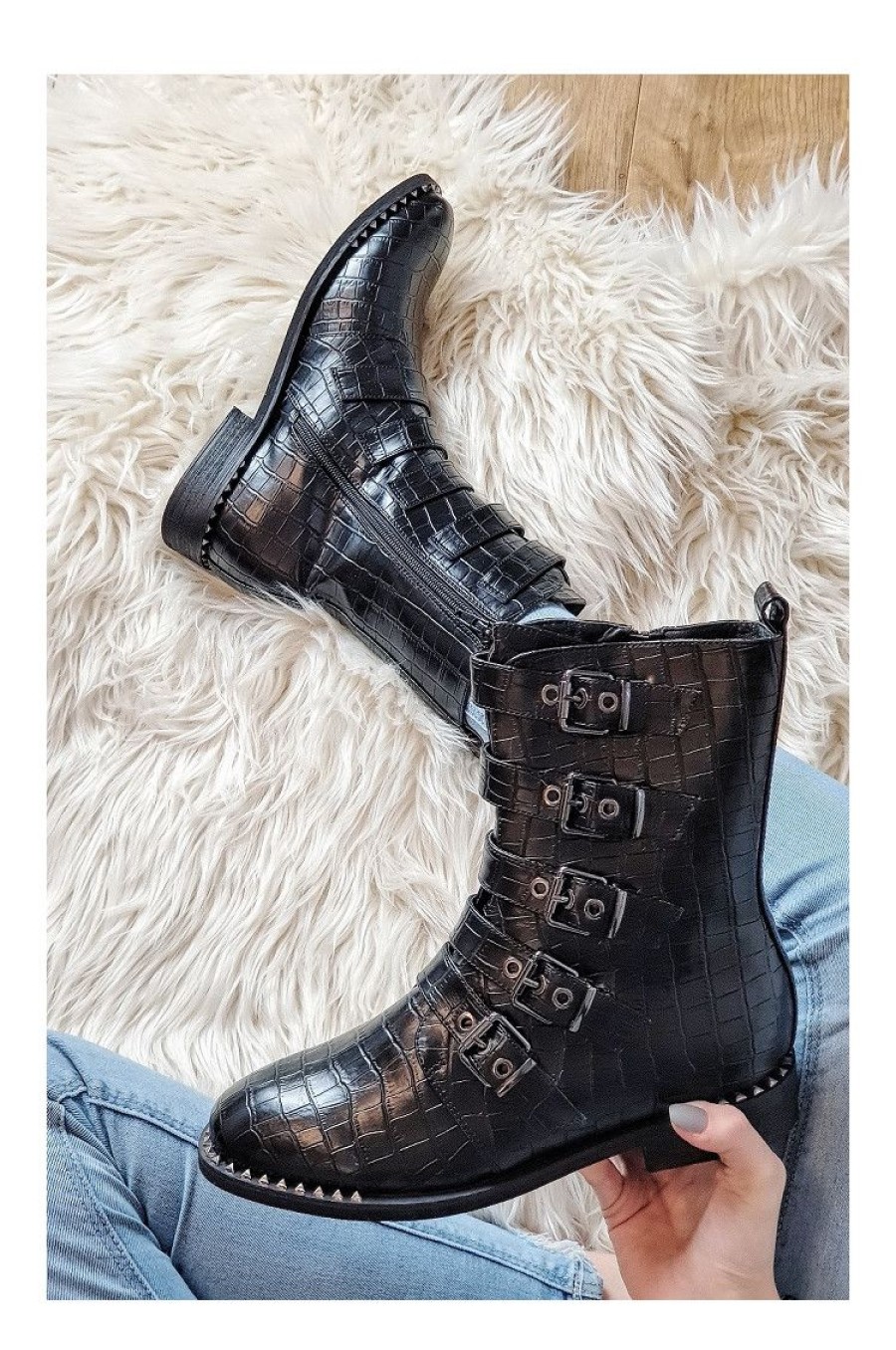 Femme Vanessa Wu Bottines | Bottines Motardes Croco Vanessa-Vanessa Wu Noir